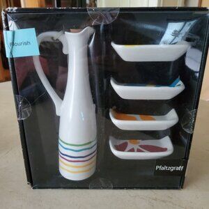 Pfaltzgraff Oil Set FLOURISH 5 Piece Jar w Stopper 4 Dip Trays NEW in Box